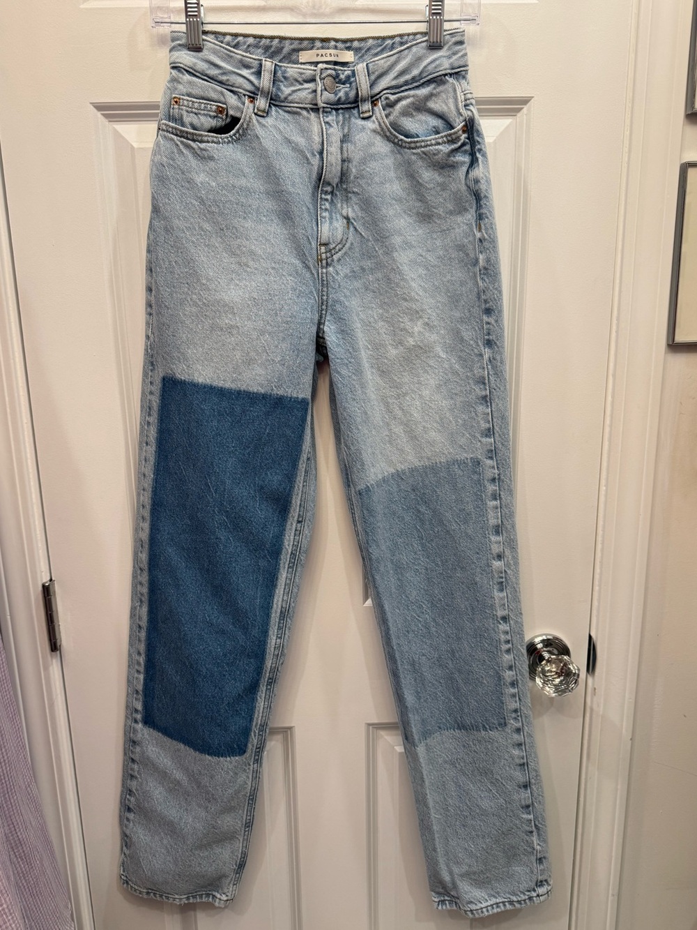 PacSun 90’s BoyfriendTwo-Tone Light Blue Straight Leg Jeans with Dark Blue Patch